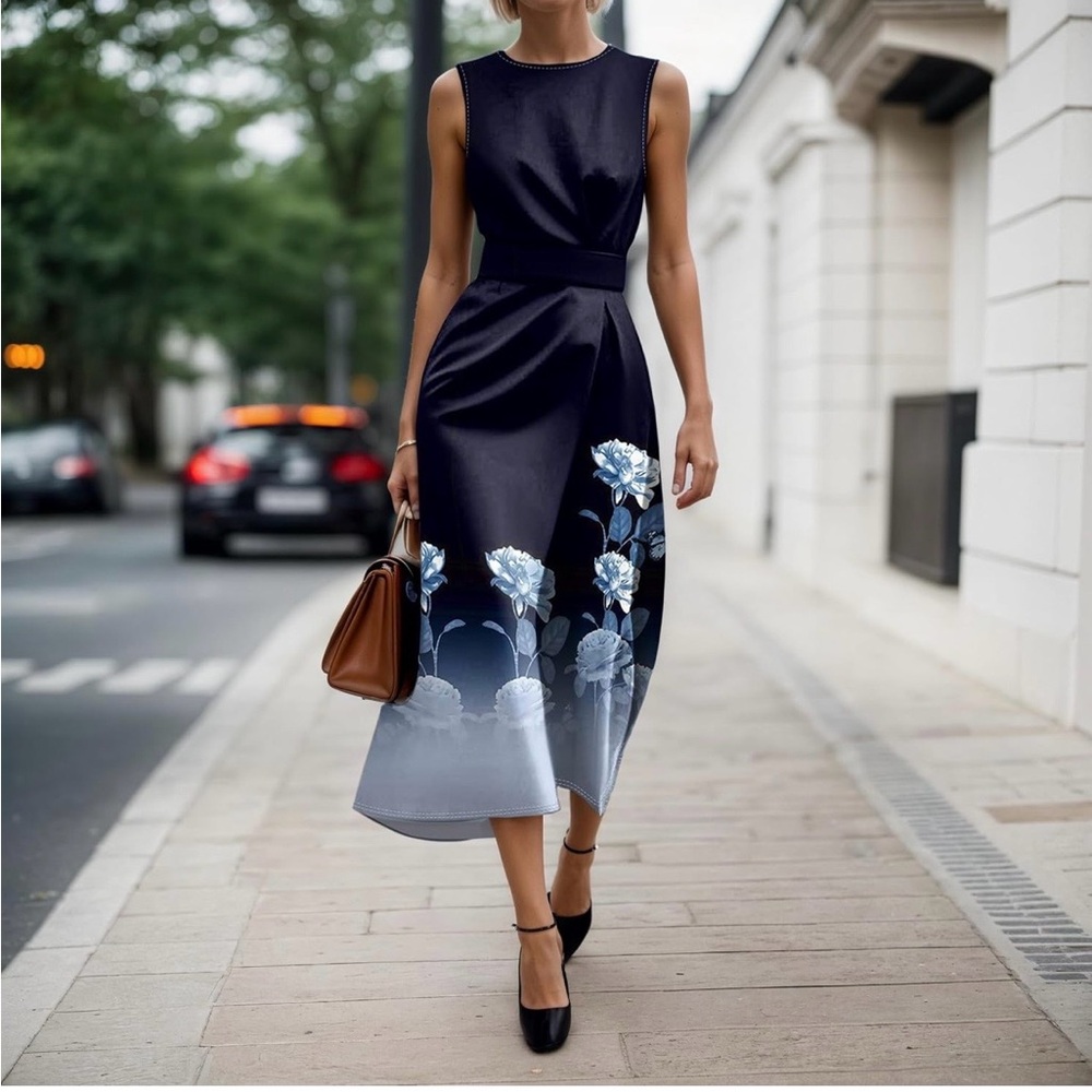 Sleeveless Navy Floral Midi Dress with Ombre Hem